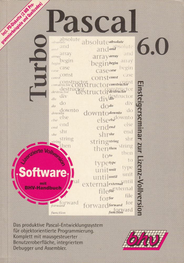 Der Compiler basierte auf dem Blue Label Software Pascal Compiler, der von Anders Hejlsberg ursprünglich für das Kassetten-basierte Betriebssystem NasSys des Mikrocomputers Nascom entwickelt wurde. Dieser Compiler wurde zunächst als Compass Pascal Compiler für das Betriebssystem CP/M und dann als Turbo Pascal Compiler für MS-DOS und CP/M weiterentwickelt.

Version 6

Version 6.0 von 1990 (im Turbo-Vision-Stil)

Im November 1990 kam eine objektorientierte GUI-Bibliothek hinzu (Turbo Vision), ähnlich den späteren MFC für Windows.[1] Turbo Vision war für den Textmodus des PCs konzipiert, enthielt aber bereits Steuerelemente wie Fenster, Befehlsschaltflächen und Bildlaufleisten, die durch Textsymbole dargestellt wurden. Außerdem konnten (auch umfangreichere) Assemblerfunktionen in Intelsyntax direkt im Quelltext realisiert werden. Die Entwicklungsumgebung wurde entsprechend erweitert, so dass auch Assemblerteile im Einzelschrittmodus bei gleichzeitiger Kontrolle aller Flag- und Registerinhalte ausgeführt werden konnten.
Quelle: https://de.wikipedia.org/wiki/Turbo_Pascal
