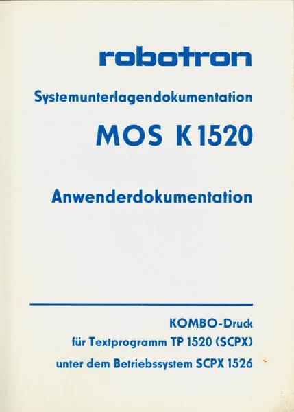 Das Buch \"Kombo-Druck für Textprogramm TP 1520 (SCPX) unter dem Betriebssystem SCPX 1526, erschienen in der Reihe Robotron Systemunterlagendokumentation MOSK 1520. Anwenderdokumentation, vom VEB Robotron Buchungsmaschienenwerk Karl Marx Stadt 1987, beinhaltet: 
- Überblick über Kombo Druck Möglichkeiten
- Standardisierte Texte
- Weitere Möglichkeiten von KOMBO-Druck
- Operationen während des Druckens
- Bedienung von Kombo-Druck
- Übersicht Kombo-Druck-Befehle